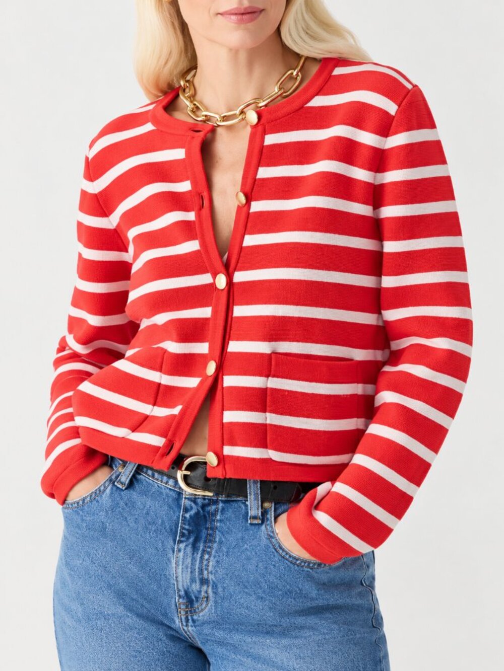 J.Crew Women M Red Orange White Striped Cotton Cardigan Gold Buttons Preppy Chic